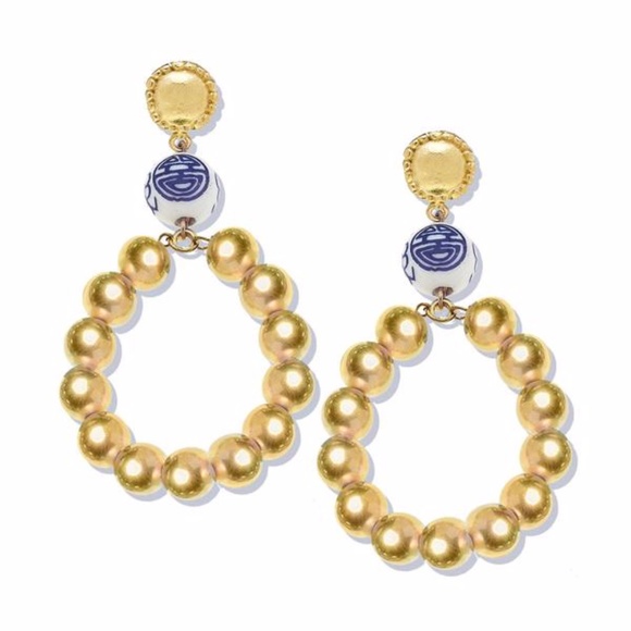 Gold and Blue Beaded Earrings - Picture 1 of 2